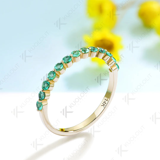 Kuololit 0.33CTW Lab Grown Emerald Bubble Ring for Women Solid 14K 10K 585 Yellow Gold  Eternity Half Band for Christmas Gifts