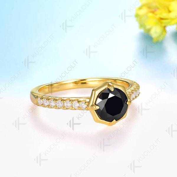 Kuololit 1CT Black Moissanite Engagement Ring for Women Solid 18K 585 Yellow Gold Round Cut Moissanite Bands Ring for Christmas