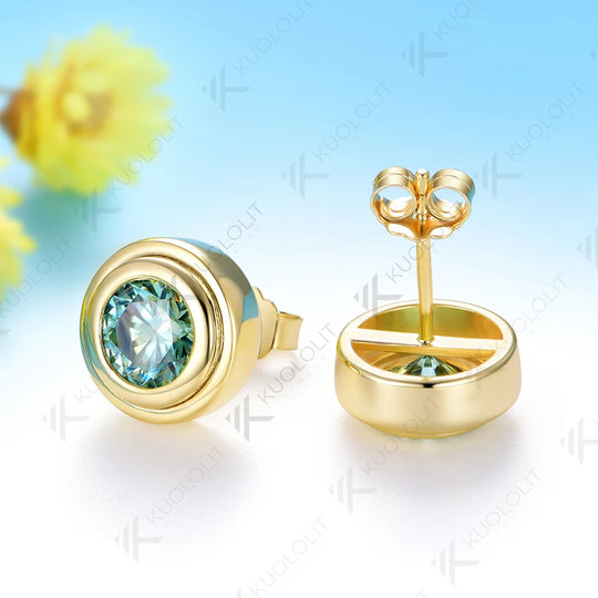 Kuololit 2CTW Cyan Moissanite Stud Earrings for Women Solid 14K 10K 585 Yellow Gold Stud Earrings for Custom Christmas Gifts