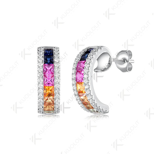 Kuololit 2.8CTW Lab Grown Rainbow Sapphire Stud Earrings for Women Solid 14K10K 585 White Gold Luxury Earring for Christmas Gift