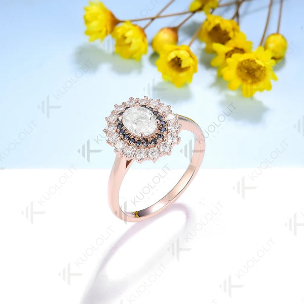 Kuololit 1ct Oval Cut White Moissanite and Balck Moissanite Ring for Women Solid 14K 10K 585 Rose Gold for Engagement Christmas