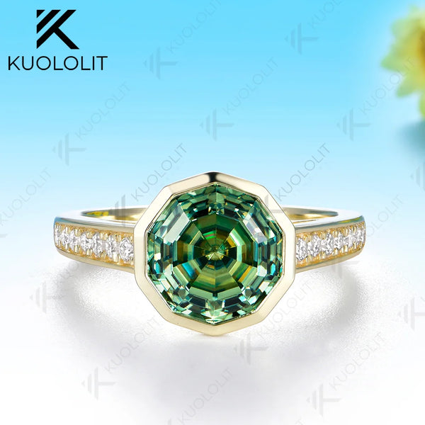 Kuololit 3.5CT Cyan Moissanite Decagon Cut Custom Ring for Women Solid 14K 10K 585 Yellow Gold for Christmas Gifts Party