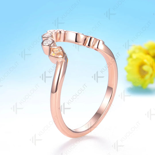 Kuololit 0.7CTW Champagne Cyan Moissanite V Ring for Women Soild 10K 14K Rose Gold Pear Cut Wedding Band for Christmas Gift