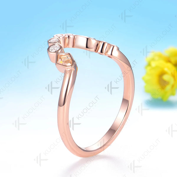 Kuololit 0.7CTW Champagne Cyan Moissanite V Ring for Women Soild 10K 14K Rose Gold Pear Cut Wedding Band for Christmas Gift