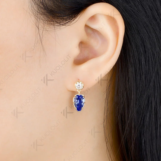 Kuololit 4.6CTW Lab Grown Blue Sapphire Custom Stud Earrings for Women Solid 14K 10K 585 Yellow Gold Pear Cut for Christmas Gift