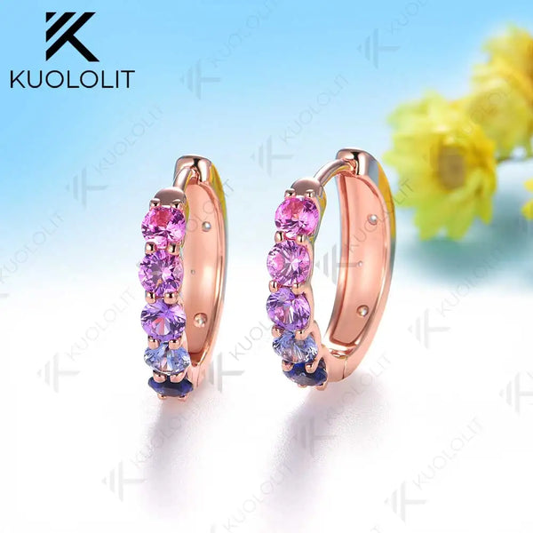 Kuololit 1CTW Rainbow Lab Grown Sapphire Hoop Earrings for Women Solid 18K 14K 10K 585 Rose Gold Clip Earring for Christmas Gift