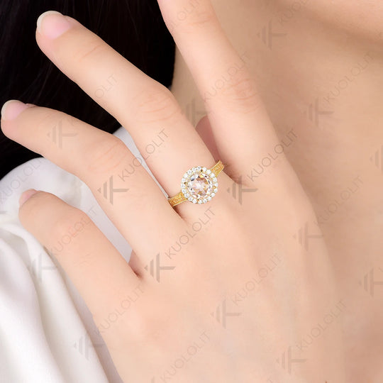 Kuololit 2CT Rose Cut Round Moissanite Engagement Ring for Women Solid 14K10K 585 Yellow Gold Ring for Christmas Gift Party