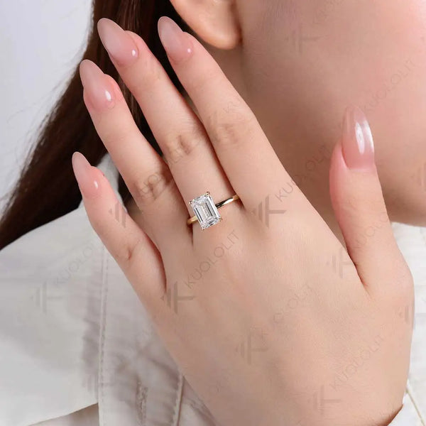 Kuololit 3.5CT Moissanite Emerald Cut Ring for Women Solid 18K 14K 10K Yellow Gold Engagement Ring for Christmas Gifts Party