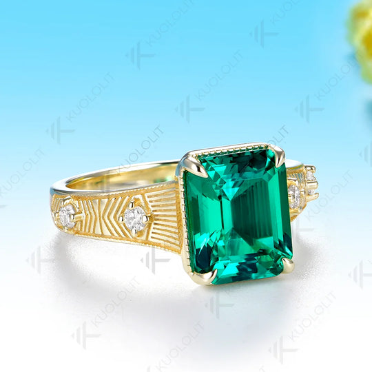 Kuololit Lab Grown Emerald Diamond Ring for Women Men Solid 14K 10K 585 Yellow Gold for Engagement Anniversary Christmas Gifts