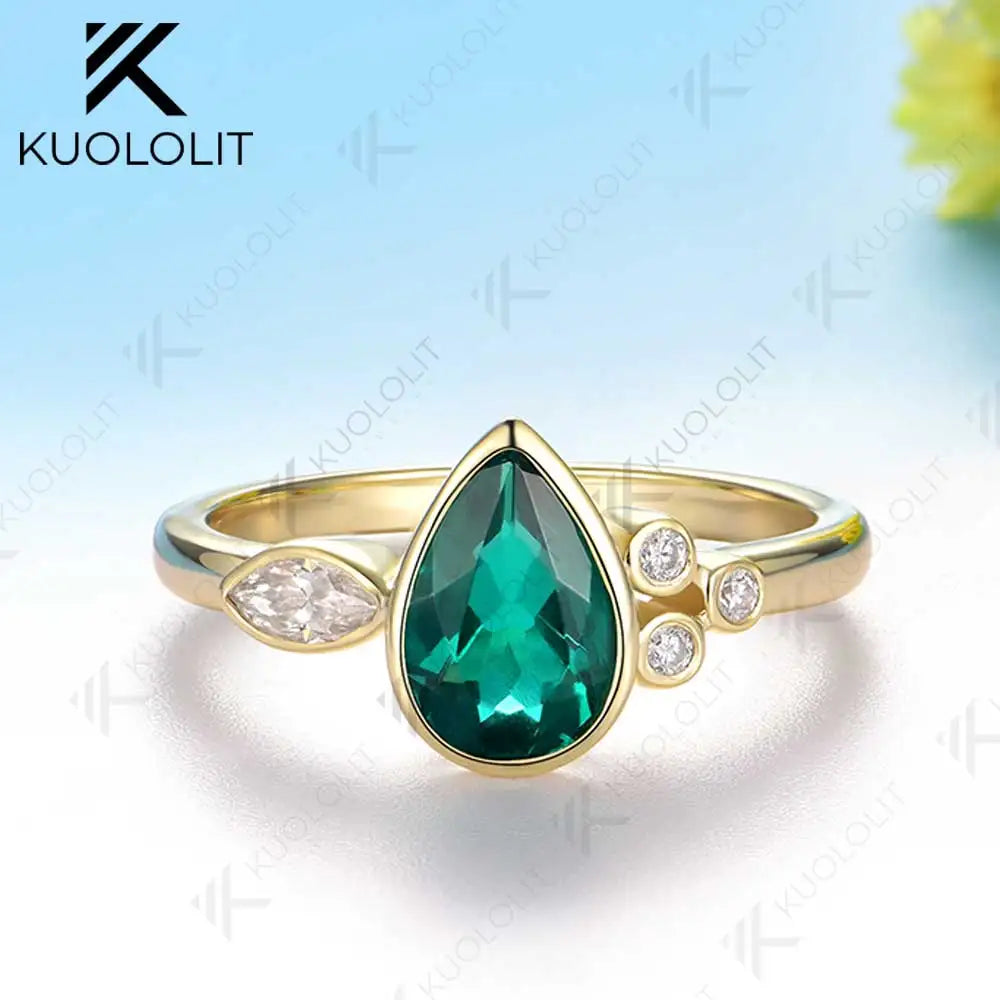 Kuololit 1.6CT Lab Grown Emerald with Moissanite Rings for Women Solid 18K 14K 10K 585 Yellow Gold Rings for Christmas Gifts