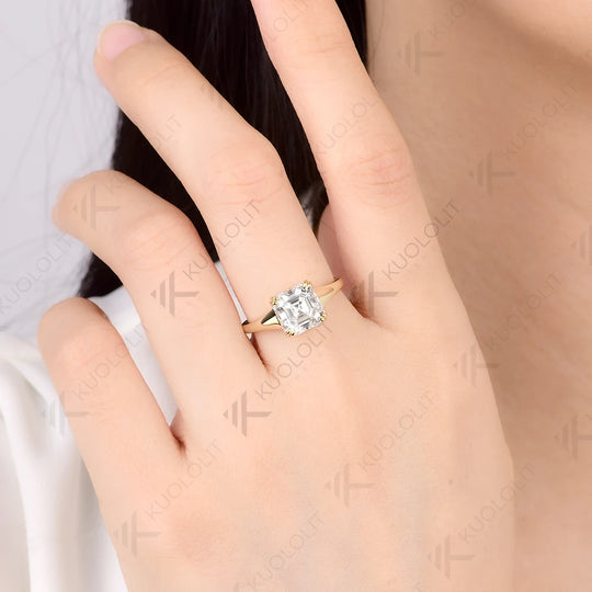 Kuololit 2.5CT Asscher Cut Moissanite Custom Ring for Women Solid 14K 10K 585 Yellow Gold for Engagement Wedding Christmas Gifts