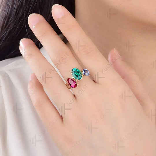Kuololit 6.5CTW Lab Grown Eemerald Ruby Blue Sappphire Rings for Women Soild 14K 585 Gold Set Ring for Engagement Christmas Gift