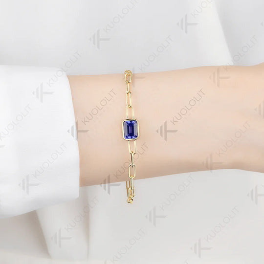 Kuololit 3.6CTW Lab Grown Sapphire Bracelet for Women Solid 14K 10K Yellow Gold Emerald Cut for Christmas Party Luxury Gifts