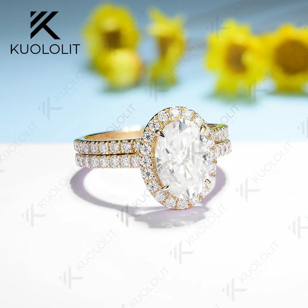 Kuololit 3CT Oval Cut Moissanite Set Ring for Women Solid 18K 14K 10K 585 Yellow Gold Band for Engagement Wedding Christmas