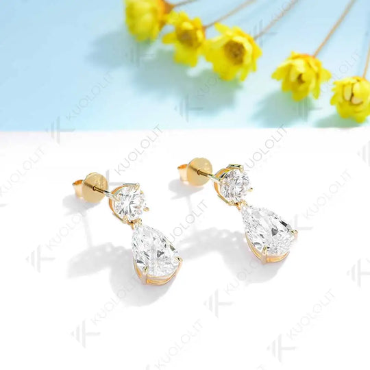 Kuololit 3CTW Lab Grown Diamonds Stub Earrings for Women Solid 18K 14K 10K 585 Yellow Gold Pear Clip Earring for Christmas Gift