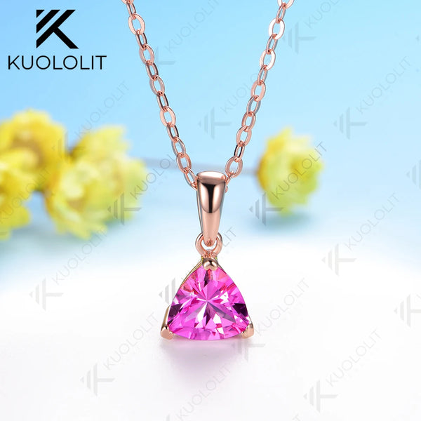 Kuololit 1.2CT Lab Pink Sapphire Engagement Necklace for Women Solid 18K 14K 585 Rose Gold  for Christmas Gifts Jewelry