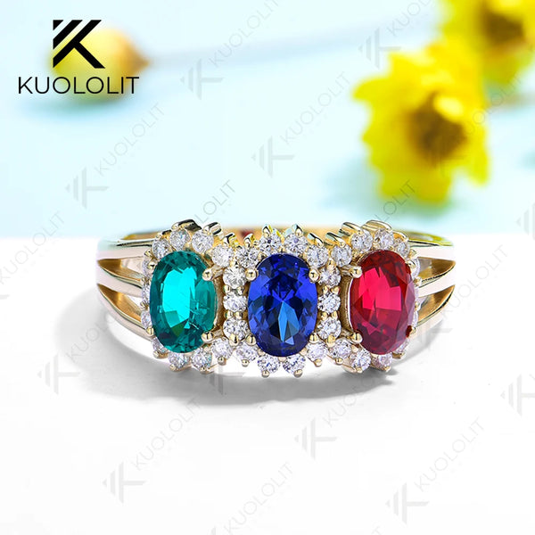 Kuololit Lab Grown Blue Sapphire Ruby Rings for Women Solid 14K 10K 585 Gold Moissanite Emerald Engagement Ring for Christmas