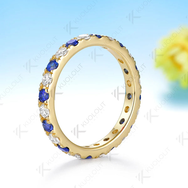 Kuololit  1.5CTW Lab Diamond Sapphire Alternating Wedding Band for Women Solid 14K Yellow Gold Eternity Full Ring for Engagement