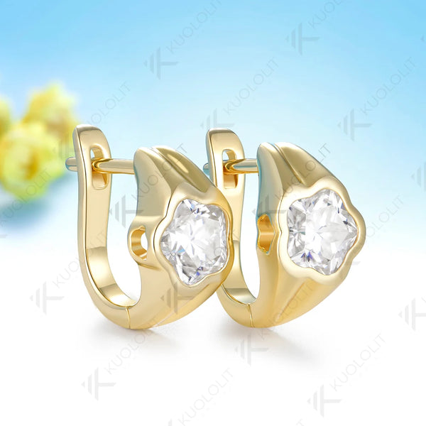 Kuololit 6CTW Moissanite Clip Earring for Women Solid 14K 10K Yellow Gold Flower Cut Plant Earring for Christmas Gift Party