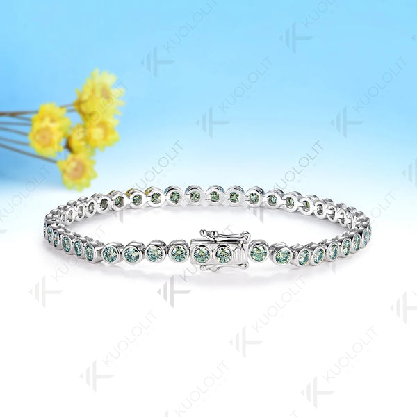 Kuololit Champagne Cyan Moissanite Round 3.0mm Tennis Bracelet for Women Solid 14K 10K 585 White Gold Bracelet for Engagement Christmas Gift