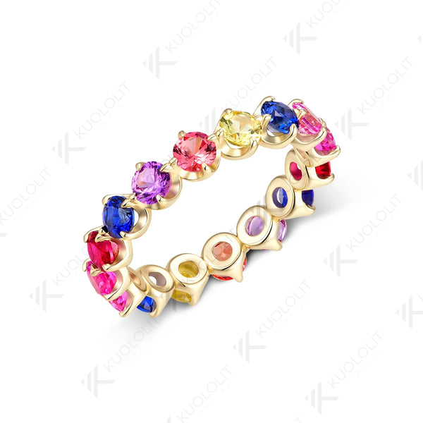 Kuololit Lab Grown Rainbow Sapphire Custom Ring Band for Women Solid 14K 10K 585 Yellow Gold Eternity Full Band for Christmas Gifts