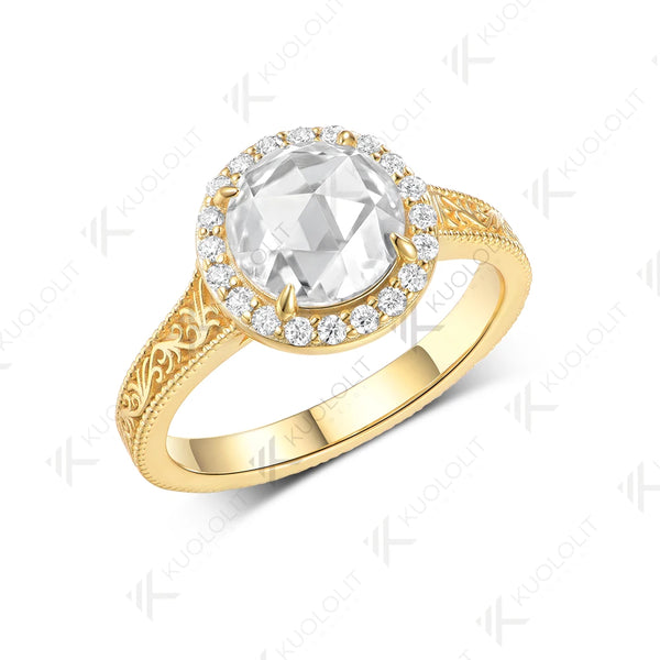 Kuololit 2CT Rose Cut Round Moissanite Engagement Ring for Women Solid 14K10K 585 Yellow Gold Ring for Christmas Gift Party