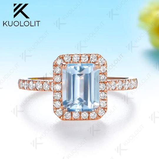 Kuololit 2CT Natural Aquamarine Lab Grown Diamonds Custom Ring for Women Solid 14K 10K 585 Yellow Gold for Christmas Gifts Party