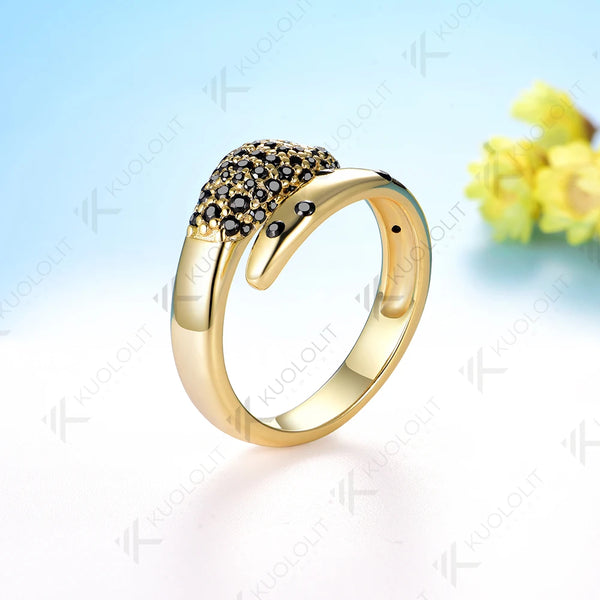 Kuololit 0.54CTW Black Moissanite Snake Ring for Women Solid 18K 14K 10K 585 Yellow Gold Black Ring for Christmas Gifts Jewelry
