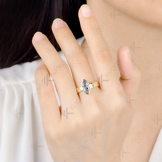 Kuololit 2CT Grey Moissanite Marquise Ring for Women Solid 14K 585 Yellow Gold Engagement Marquise Ring for Christmas Gift Party