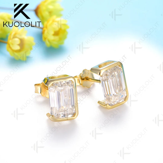 Kuololit 5CTW Emerald Moissanite Stud Earirngs for Women Solid 18K 14K 10K585 Yellow Gold Half Bezel Set Earriings for Christmas