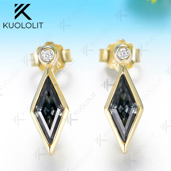 Kuololit 2CTW Gray Moissanite Custom Clip Earrings for Women Solid 14K 10K 585 Yellow Gold Rhombus Cut for Christmas Gifts Party