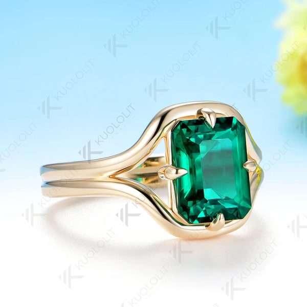 Kuololit 3CT Lab Grown Emerald Custom Ring for Women Solid 14K Yellow Gold Gemstone Ring for Anniversary Christmas Gifts Party