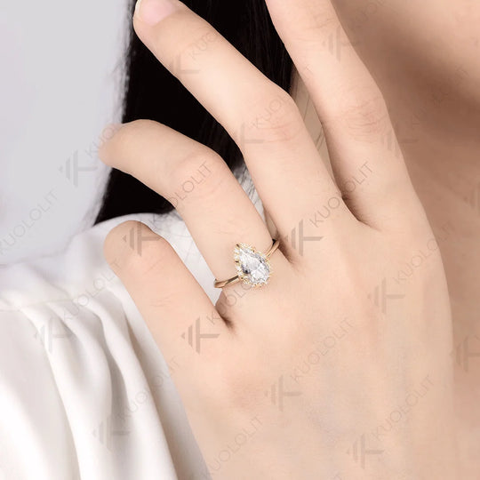 Kuololit 2CT Pear Cut Cyan Moissanite Rings for Women Solid 14K 10K 585 Yellow Gold Pear Cut for Engagement Christmas Gifts Party