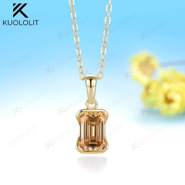 Kuololit 2.5CT Champagne Moissanite Necklace for Women Solid 14K 10K Yellow Gold Emerald Cut Necklace for Engagement Christmas
