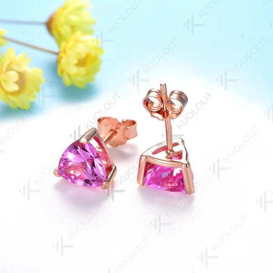 Kuololit 1.2CT Trillyon Lab Pink Sapphire Stud Earrings for Women Pure 18K 14K Gold Trillyon Earrings for Anniversary Christmas Gifts