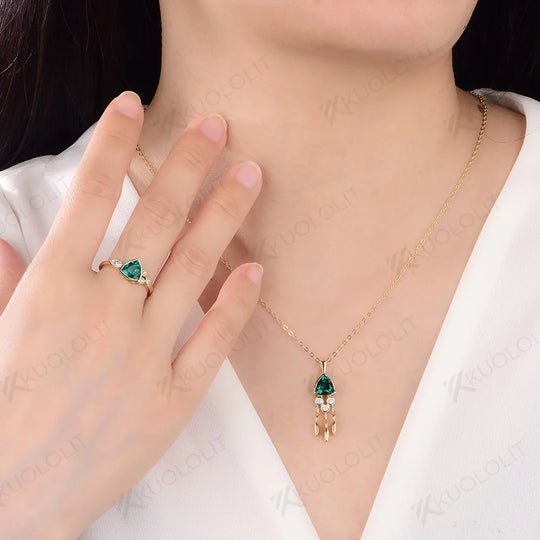 Kuololit 1.2CT Lab Grown Emerald Jellyfish Necklace for Women Solid 18K 14K 10K 585 Yellow Gold Moissanite Pendant for Christmas