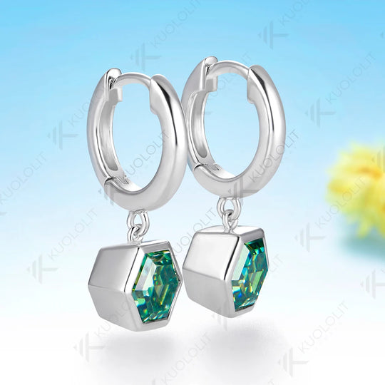 Kuololit 3CTW Cyan Moissanite Hexagon Earrings for Women Solid 14K 10K Yellow Gold Hoop Clip Earrings for Christmas Gifts Party
