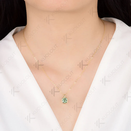 Kuololit 2CT Cyan Moissanite Lab Grown Alexandrite Cushion Cut Necklace for Women Solid 925 10k 14k Yellow Gold Necklace for Engagement Christmas Gift