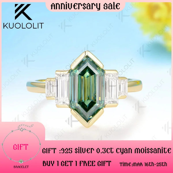 Kuololit 2.5CT Elongate Hexagon Cut Cyan Moissanite Ring for Women Solid 14K 10K 585 Yellow Gold  for Christmas Gifts Engagement