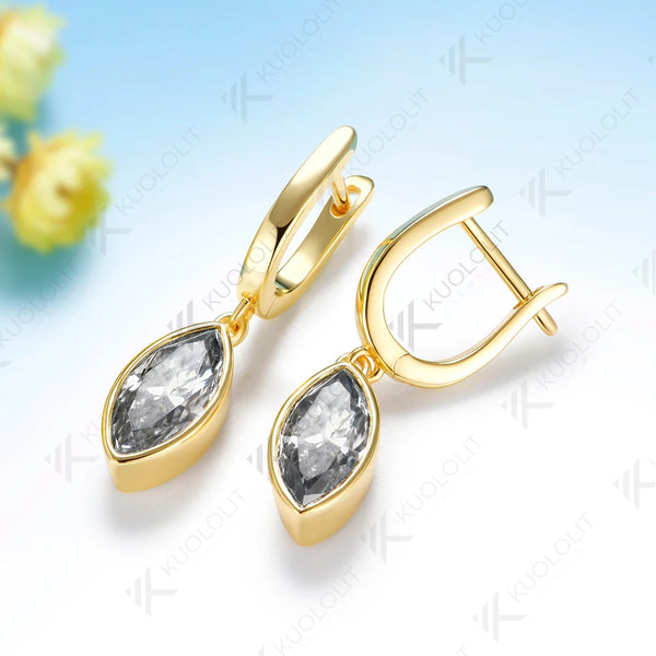 Kuololit 4CTW Grey Moissanite Marquise Cut  Earrings for Women Solid 14K 10K 585 Yellow Gold  Clip Earring for Christmas Gifts