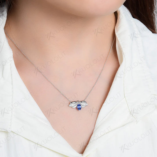 Kuololit 0.5CTW Lab Blue Sapphire Moissanite Bee Necklace for Women Solid 18K 14K 10K 585 White Gold Oval Pendant for Christmas