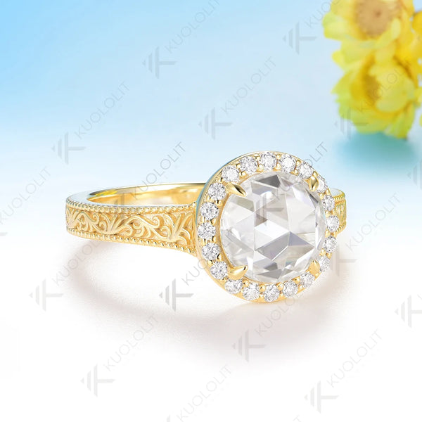 Kuololit 2CT Rose Cut Round Moissanite Engagement Ring for Women Solid 14K10K 585 Yellow Gold Ring for Christmas Gift Party