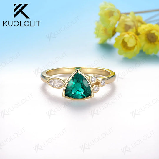 Kuololit 1.2CT Lab Grown Emerald Jellyfish Ring for Women Solid 18K 14K 10K 585 Yellow Gold Moissanite Ring for Christmas Gifts