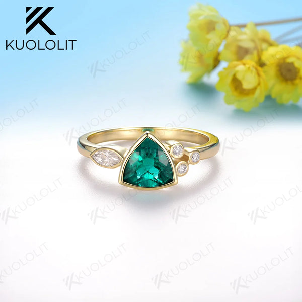 Kuololit 1.2CT Lab Grown Emerald Jellyfish Ring for Women Solid 18K 14K 10K 585 Yellow Gold Moissanite Ring for Christmas Gifts