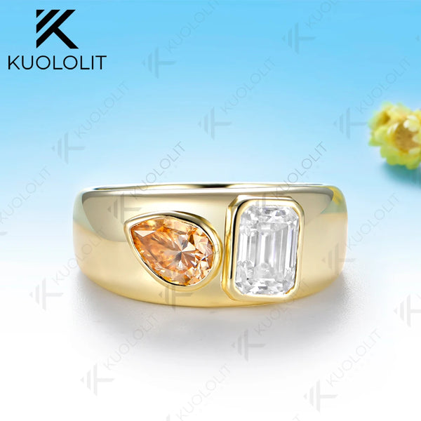 Kuololit 1.8CTW Champagne Moissantie Custom Set Ring for Women Solid 14K 10K 585 Yellow Gold Engagement Ring for Christmas Gifts