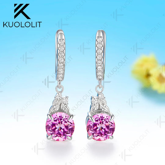 Kuololit 4CT Lab Pink Sapphire Moissanite Earrings for Women Solid 14K 10K 585 Yellow Gold Clip Earring for Christmas Gifts