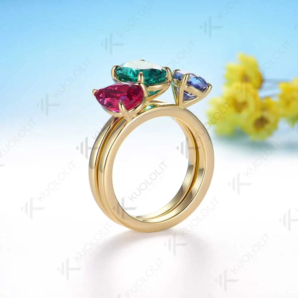Kuololit 6.5CTW Lab Grown Eemerald Ruby Blue Sappphire Rings for Women Soild 14K 585 Gold Set Ring for Engagement Christmas Gift