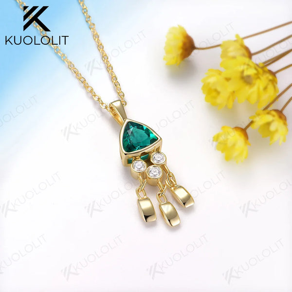 Kuololit 1.2CT Lab Grown Emerald Jellyfish Necklace for Women Solid 18K 14K 10K 585 Yellow Gold Moissanite Pendant for Christmas