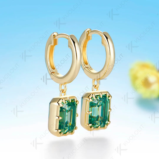 Kuololit 6CTW Emerald Cut Cyan Moissanite Earrings for Women Solid 14K 10K 585 Yellow Gold Clip Earrings for Christmas Gifts