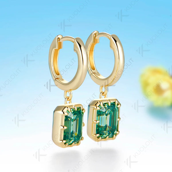 Kuololit 6CTW Emerald Cut Cyan Moissanite Earrings for Women Solid 14K 10K 585 Yellow Gold Clip Earrings for Christmas Gifts